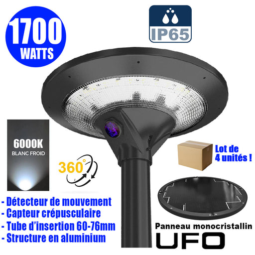 Lot de 4x Lampes d'extérieur solaires - Série OVNI EVO - 1700 watts - 5100 Lumens - Angle 360° - IP65 - 54 x 20 cm - Panneau solaire monocristallin - Structure aluminium - Tube d'insertion 76mm - Détecteur de mouvement - 6000k