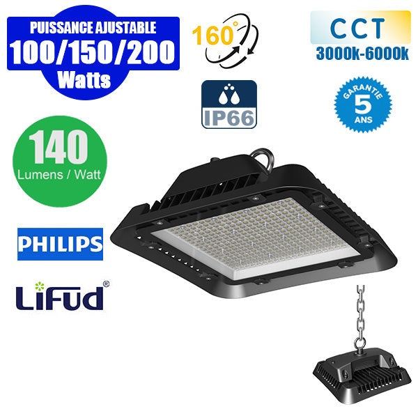 Lampe industrielle UFO - Série ALIZE P4 - Puissance ajustable 100W / 150W / 200W - 140 Lumens/Watt - Angle 160° - IP66 - 26,3 x 26,3 x 16 cm - Modèle 9 en 1 – CCT 3000K / 4000K / 6000K – Garantie 5 ans