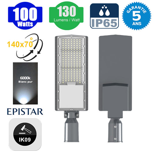 Lampe de rue filaire - Série FLEX V2 - 100 Watts - 13 000 Lumens - 130 Lumens/Watt - IP65 - IK09 - Angle 140x70° - 54 x 17 x 2 cm - 6000k – Angle rotatif ajustable - Tube d'insertion 50/60mm - Garantie 5 ans