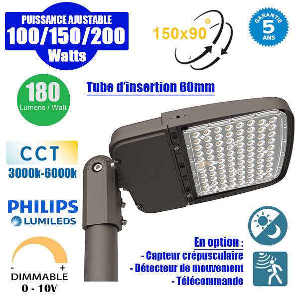 Lampe de rue filaire - Série ULTIME P2 - CCT - Puissance ajustable 100 / 150 / 200 Watts - 180 Lumens/Watt - 53 x 30 x 6,5 cm - IP66 - Angle 150 x 90° - Tube d'insertion 60mm - Couleur Bronze foncé - Dimmable – Angle rotatif - Garantie 5 ans