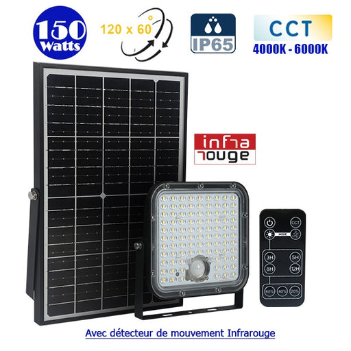 Projecteur LED solaire CCT (Couleur Changeante en Température) - Série SECURITY V1 - Rendu lumineux 150 Watts - 1500 lumens - Angle 120° x 60° - IP65 - Lampe 14 x 15 x 3 cm - Panneau solaire monocristallin - Détecteur Infrarouge - Télécommande