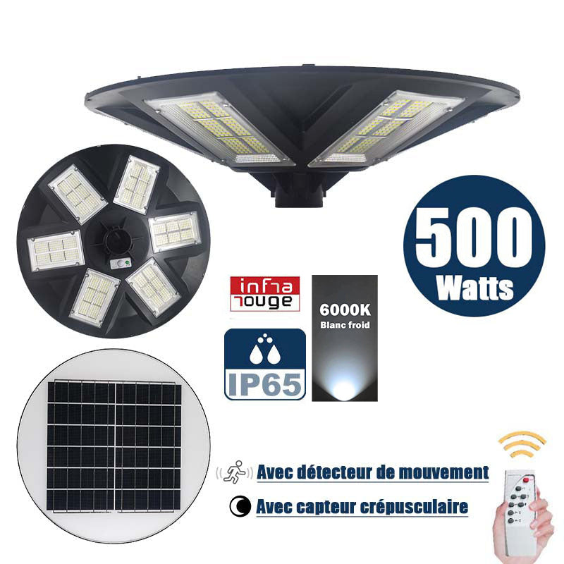 Lampe solaire pour extérieur - Série OVNI - Version HERCULE 500 - Rendu lumineux 500 Watts - 2200 lumens –  Angle 360° - IP65 - Diamètre tube d'insertion 60 / 76mm - Avec détecteur de mouvement – Capteur crépusculaire - Avec télécommande - 6000k