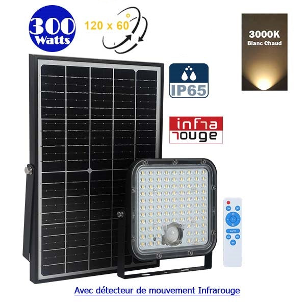 Projecteur LED solaire - Série SECURITY V1 - Rendu lumineux 300 Watts - 4800 lumens - Angle 120° x 60° - IP65 - 4000k - Lampe 20 x 19 x 5 cm - Panneau solaire monocristallin ajustable 35 x 24 x 2 cm - Détecteur PIR - Télécommande