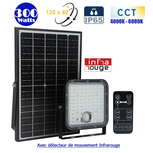 Projecteur LED solaire CCT (Couleur Changeante en Température) - Série SECURITY V1 - Rendu lumineux 300 Watts - 4800 lumens - Angle 120° x 60° - IP65 - Lampe 20 x 19 x 5 cm - Panneau solaire monocristallin - Détecteur PIR - Télécommande