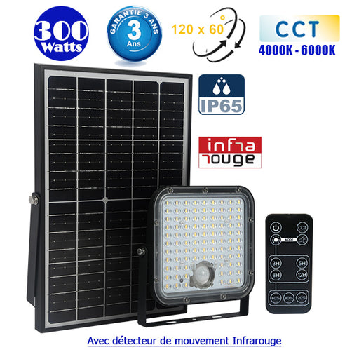 Lot de 8x Projecteurs LED solaires CCT (Couleur Changeante en Température) - Série SECURITY V1 - Rendu lumineux 300 Watts - 4800 lumens - Angle 120° x 60° - IP65 - Lampe 20 x 19 x 5 cm - Panneau solaire monocristallin - Détecteur PIR