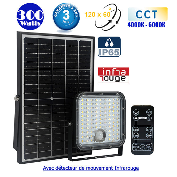 Lot de 8x Projecteurs LED solaires CCT (Couleur Changeante en Température) - Série SECURITY V1 - Rendu lumineux 300 Watts - 4800 lumens - Angle 120° x 60° - IP65 - Lampe 20 x 19 x 5 cm - Panneau solaire monocristallin - Détecteur PIR