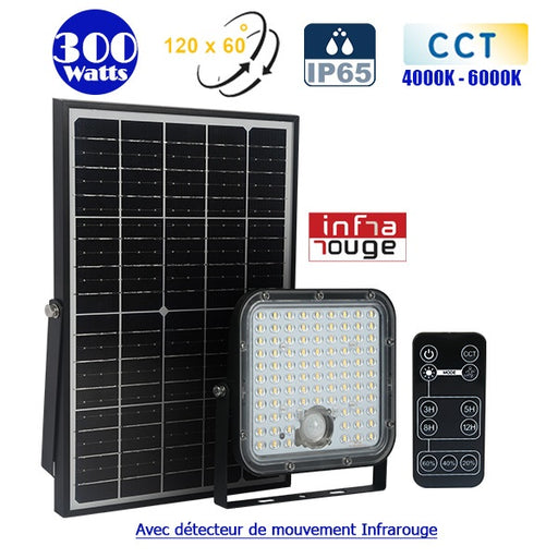 Lot de 8x Projecteurs LED solaires CCT (Couleur Changeante en Température) - Série SECURITY V1 - Rendu lumineux 300 Watts - 4800 lumens - Angle 120° x 60° - IP65 - Lampe 20 x 19 x 5 cm - Panneau solaire monocristallin - Détecteur PIR
