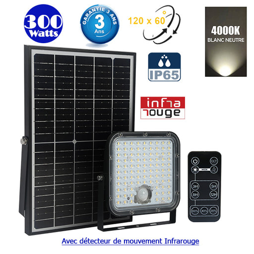Projecteur LED solaire - Série SECURITY V1 - Rendu lumineux 300 Watts - 4800 lumens - Angle 120° x 60° - IP65 - 4000k - Lampe 20 x 19 x 5 cm - Panneau solaire monocristallin ajustable 35 x 24 x 2 cm - Détecteur PIR - Télécommande