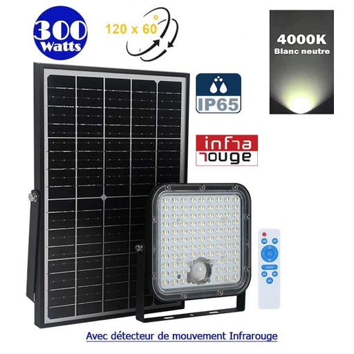 Projecteur LED solaire - Série SECURITY V1 - Rendu lumineux 300 Watts - 4800 lumens - Angle 120° x 60° - IP65 - 4000k - Lampe 20 x 19 x 5 cm - Panneau solaire monocristallin ajustable 35 x 24 x 2 cm - Détecteur PIR - Télécommande