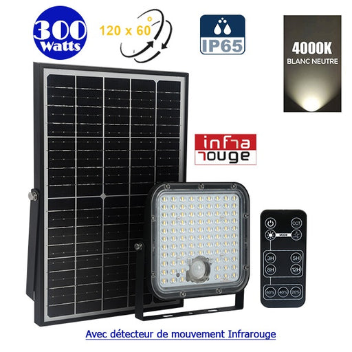 Projecteur LED solaire - Série SECURITY V1 - Rendu lumineux 300 Watts - 4800 lumens - Angle 120° x 60° - IP65 - 4000k - Lampe 20 x 19 x 5 cm - Panneau solaire monocristallin ajustable 35 x 24 x 2 cm - Détecteur PIR - Télécommande