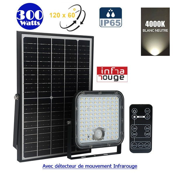 Projecteur LED solaire - Série SECURITY V1 - Rendu lumineux 300 Watts - 4800 lumens - Angle 120° x 60° - IP65 - 4000k - Lampe 20 x 19 x 5 cm - Panneau solaire monocristallin ajustable 35 x 24 x 2 cm - Détecteur PIR - Télécommande