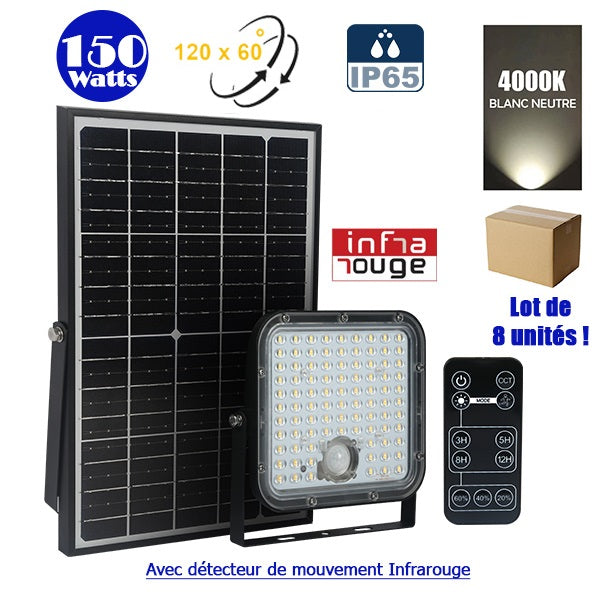 Lot / Carton de 8x Projecteurs LED solaires - Série SECURITY V1 - Rendu lumineux 150 Watts - 1500 lumens - Angle 120° x 60° - IP65 -  4000k - Lampe 14 x 15 x 3 cm - Panneau solaire monocristallin ajustable 22 x 18 x 2 cm - Détecteur PIR - Télécommande