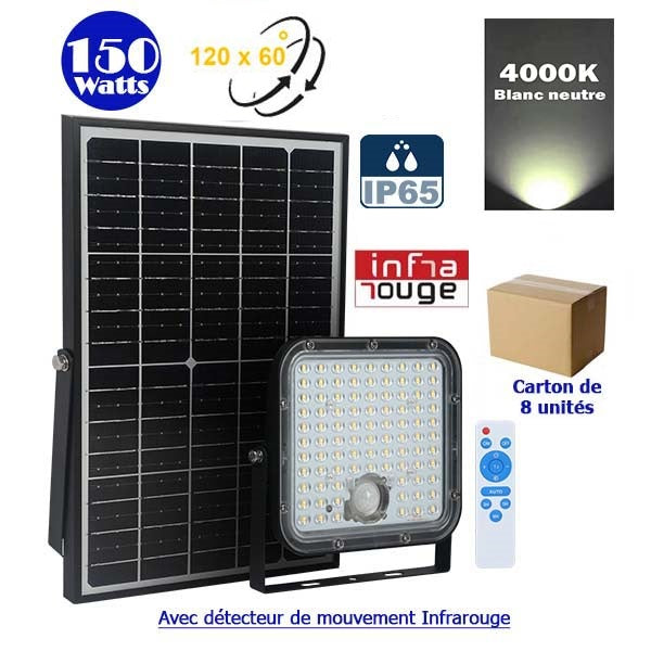 Lot / Carton de 8x Projecteurs LED solaires - Série SECURITY V1 - Rendu lumineux 150 Watts - 1500 lumens - Angle 120° x 60° - IP65 -  4000k - Lampe 14 x 15 x 3 cm - Panneau solaire monocristallin ajustable 22 x 18 x 2 cm - Détecteur PIR - Télécommande