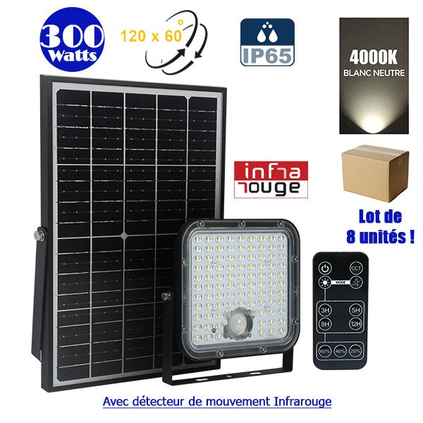 Lot / Carton de 8x Projecteurs LED solaires - Série SECURITY V1 - Rendu lumineux 300 Watts - 4800 lumens - Angle 120° x 60° - IP65 - 4000k - Lampe 20 x 19 x 5 cm - Panneau solaire monocristallin - Détecteur PIR - Télécommande