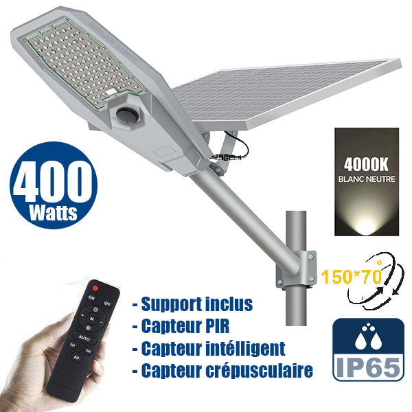 Lampe de rue solaire - Série INTERSTELLAR ULTRA - 400 Watts - 3100 Lumens - Angle 150x70° - IP65 - Lampe 62 x 30 x 8 cm - Panneau 63 x 35 cm - Controleur intelligent - Avec télecommande - Capteur PIR - 4000k - Support inclus - Capteur crépusculaire