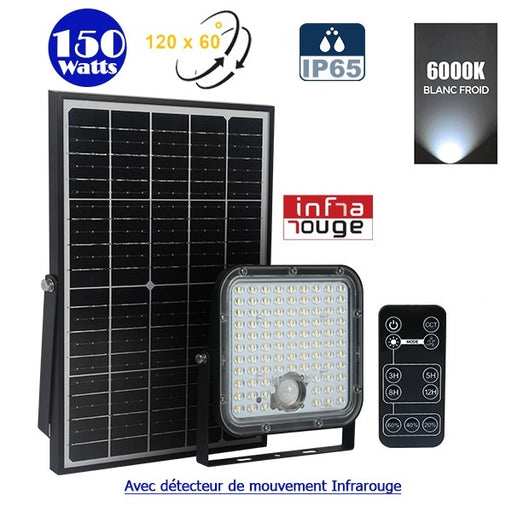 Projecteur LED solaire - Série SECURITY V1 - Rendu lumineux 150 Watts - 1500 lumens - Angle 120° x 60° - IP65 - 6000k - Lampe 14 x 15 x 3 cm - Panneau solaire monocristallin ajustable 22 x 18 x 2 cm - Détecteur Infrarouge - Télécommande