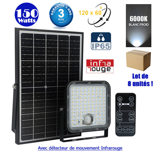 Projecteur LED solaire - Série SECURITY V1 - Rendu lumineux 150 Watts - 1500 lumens - Angle 120° x 60° - IP65 - 6000k - Lampe 14 x 15 x 3 cm - Panneau solaire monocristallin ajustable 22 x 18 x 2 cm - Détecteur Infrarouge - Télécommande