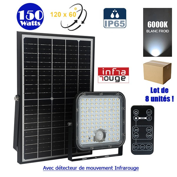 Lot / Carton de 8x Projecteurs LED solaires - Série SECURITY V1 - Rendu lumineux 150 Watts - 1500 lumens - Angle 120° x 60° - IP65 - 6000k - Lampe 14 x 15 x 3 cm - Panneau solaire monocristallin ajustable 22 x 18 x 2 cm - Détecteur PIR - Télécommande