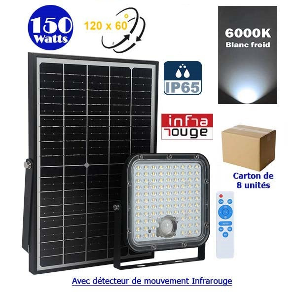 Lot / Carton de 8x Projecteurs LED solaires - Série SECURITY V1 - Rendu lumineux 150 Watts - 1500 lumens - Angle 120° x 60° - IP65 - 6000k - Lampe 14 x 15 x 3 cm - Panneau solaire monocristallin ajustable 22 x 18 x 2 cm - Détecteur PIR - Télécommande