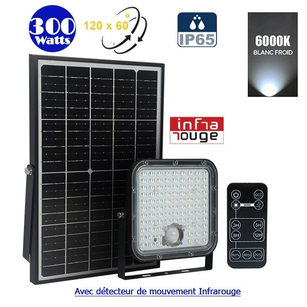Projecteur LED solaire - Série SECURITY V1 - Rendu lumineux 300 Watts - 4800 lumens - Angle 120° x 60° - IP65 - 6000k - Lampe 20 x 19 x 5 cm - Panneau solaire monocristallin ajustable 35 x 24 x 2 cm - Détecteur PIR - Télécommande