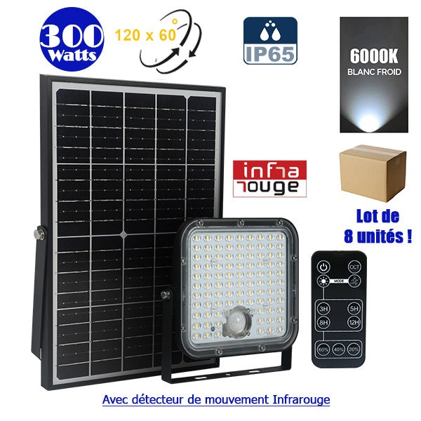 Lot / Carton de 8x Projecteurs LED solaires - Série SECURITY V1 - Rendu lumineux 300 Watts - 4800 lumens - Angle 120° x 60° - IP65 - 6000k - Lampe 20 x 19 x 5 cm - Panneau solaire monocristallin - Détecteur PIR - Télécommande