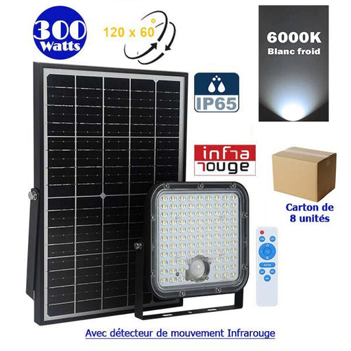 Lot / Carton de 8x Projecteurs LED solaires - Série SECURITY V1 - Rendu lumineux 300 Watts - 4800 lumens - Angle 120° x 60° - IP65 - 6000k - Lampe 20 x 19 x 5 cm - Panneau solaire monocristallin - Détecteur PIR - Télécommande