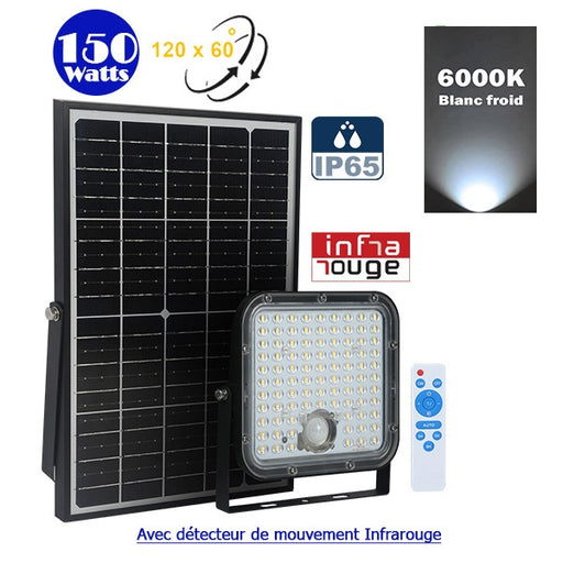 Projecteur LED solaire - Série SECURITY V1 - Rendu lumineux 150 Watts - 1500 lumens - Angle 120° x 60° - IP65 - 6000k - Lampe 14 x 15 x 3 cm - Panneau solaire monocristallin ajustable 22 x 18 x 2 cm - Détecteur Infrarouge - Télécommande
