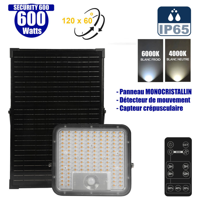 Projecteur LED solaire - Série SECURITY V1 - Rendu Lumineux 600 Watts - 9600 Lumens - Angle 120*60° - IP65 - Lampe 26 x 25 x 6 cm - Panneau solaire MONOCRISTALLIN 37 x 26 x 2 cm - Avec détecteur de mouvement - Télécommande - 4000k/6000k