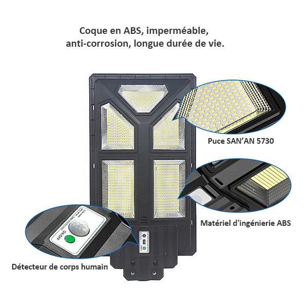 Lampadaire solaire extérieur de rue / parking - Série POWER ULTRA - Rendu 200 Watts - 2000 lumens - 180° - IP65 - 46 x 36 x 8 cm - Avec capteur crépusculaire - Télécommande - Avec détecteur de mouvement - Diamètre tube d’insertion 45 mm