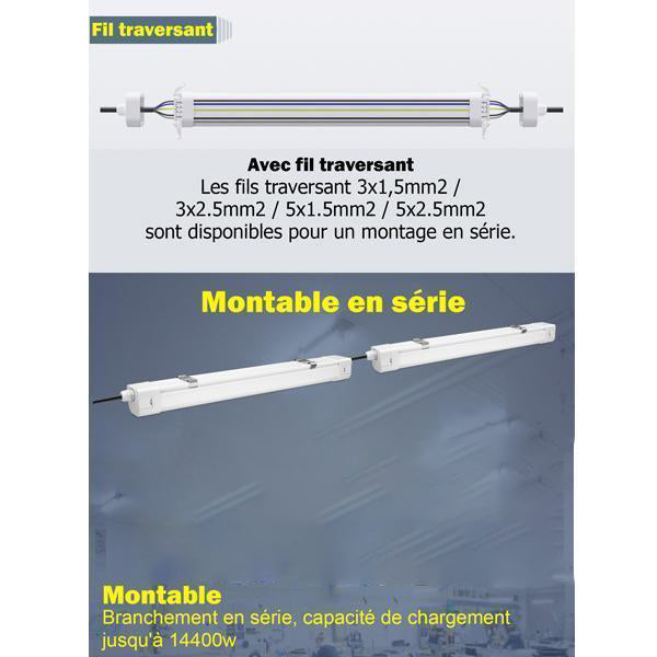 Pack de 6x Réglettes LED étanches connectables - Série EASY-LINK - Version POWER - Puissance ajustable 20 / 25 / 30 / 40 Watts - 5600 Lumens - 140 Lumens/Watt - 122 x 7 x 6 cm - Angle 120° - IP65 - 4000K - Transformateur OSRAM - Garantie 5 ans