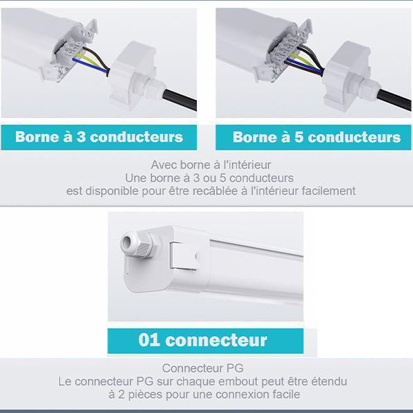Pack de 6x Réglettes LED étanches connectables - Série EASY-LINK - Version POWER - Puissance ajustable 20 / 25 / 30 / 40 Watts - 5600 Lumens - 140 Lumens/Watt - 122 x 7 x 6 cm - Angle 120° - IP65 - 4000K - Transformateur OSRAM - Garantie 5 ans