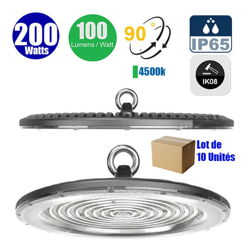 Lot de 10x Lampes industrielles Driverless - UFO - Série DIAMANT V2 - 200 Watts - 20 000 Lumens - 100 Lumens/Watt - Angle 90° - IP65 - 260 x 34 cm - 4500k - Protection à l'impact IK08 - Câble 30cm