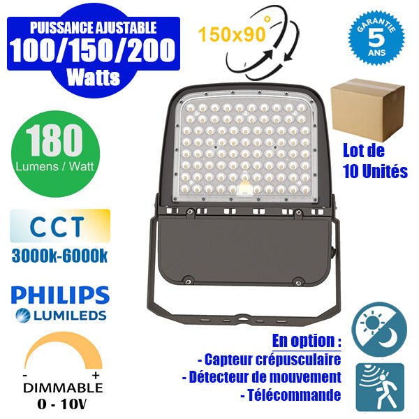 Lot de 10x Projecteurs LED filaires – Série ULTIME P1 - Puissance ajustable 100 / 150 / 200 Watts - 180 Lumens/Watt - 43 x 30 x 7 cm - IP66 - Angle 150 x 90° - Couleur Bronze foncé - Dimmable – Angle rotatif - Garantie 5 ans