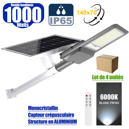 Lot de 4x Lampe de rue solaire - Série INTERSTELLAR EVO - 1000 Watts - 6200 Lumens - Angle 140x70° - IP65 - Lampe 50 x 21 x 9 cm - Panneau MONOCRISTALLIN 63 x 39 x 2 cm - Avec télécommande - Capteur crépusculaire - 6000k - Structure ALUMINIUM