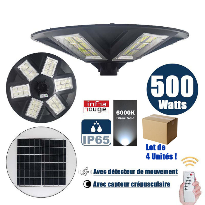 Lot de 4x Lampes solaires pour extérieur - Série OVNI - Version HERCULE 500 - Rendu lumineux 500 Watts - 2200 lumens –  Angle 360° - Diamètre tube d'insertion 60 / 76 mm - Avec détecteur de mouvement – Capteur crépusculaire - Avec télécommande - 6000k