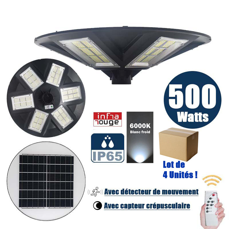 Lot de 4x Lampes solaires pour extérieur - Série OVNI - Version HERCULE 500 - Rendu lumineux 500 Watts - 2200 lumens –  Angle 360° - Diamètre tube d'insertion 60 / 76 mm - Avec détecteur de mouvement – Capteur crépusculaire - Avec télécommande - 6000k
