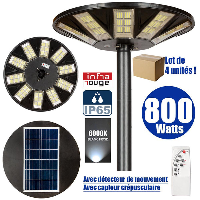 Lot de 4x Lampes solaires pour extérieur - Série OVNI - Version HERCULE 800 - 2700 Lumens - Angle 360° - Lampe 745 x 135 mm - Panneau 625 x 345 mm - Diamètre tube d'insertion  60 - 76 mm - Détecteur PIR – Capteur crépusculaire - Télécommande - 6000k