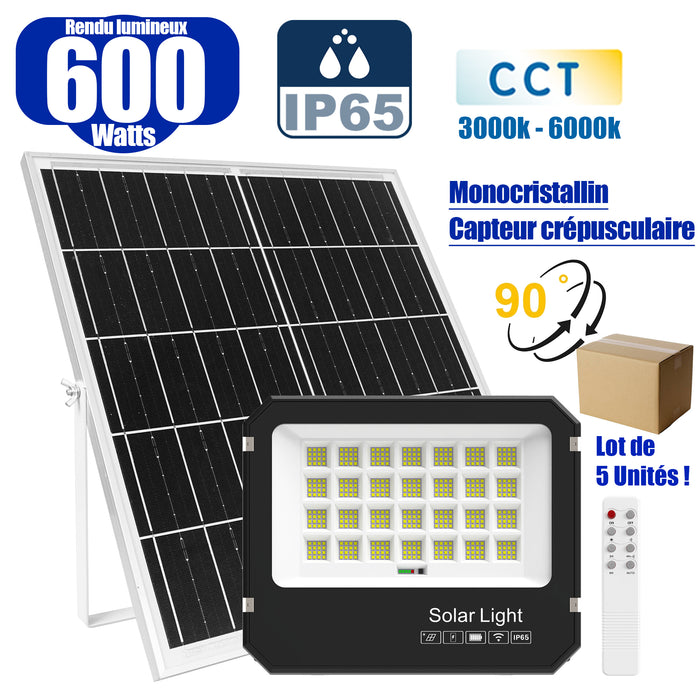 Lot de 5x Projecteurs LED solaires  Série AJUST V3 - CCT (Couleur Changeante en Température ) - Rendu lumineux 600 Watts - 3500 Lumens - 90° - IP65 - Projecteur 36 x 30 x 5 cm - Panneau MONOCRISTALLIN - Avec télécommande - Avec capteur crépusculaire