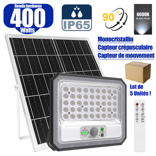 Lot de 5x Projecteurs LED solaires - Série SECURITY V2 - 400 Watts - 2100 Lumens - Angle 90° - IP65 - Lampe 26 x 21 x 5 cm - Panneau solaire MONOCRISTALLIN 39 x 23 x 2 cm - Avec détecteur de mouvement - Avec télécommande - Support ajustable - 6000k