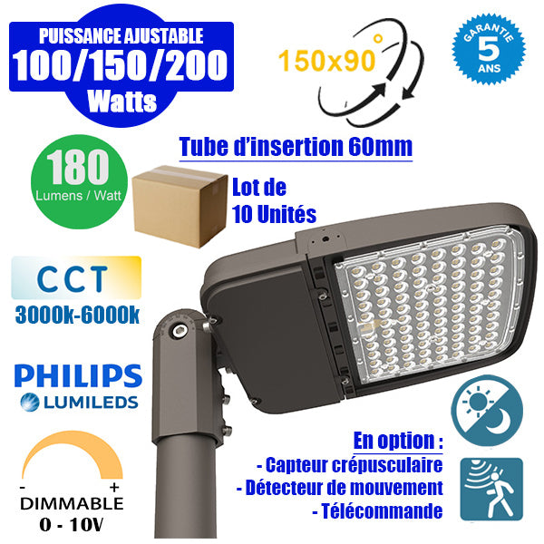 Lot de 10x Lampes de rue filaires - Série ULTIME P2 - CCT - Puissance ajustable 100 / 150 / 200 Watts - 180 Lumens/Watt - 53 x 30 x 6,5 cm - IP66 - Angle 150 x 90° - Tube d'insertion 60mm - Couleur Bronze foncé - Dimmable – Angle rotatif - Garantie 5 ans