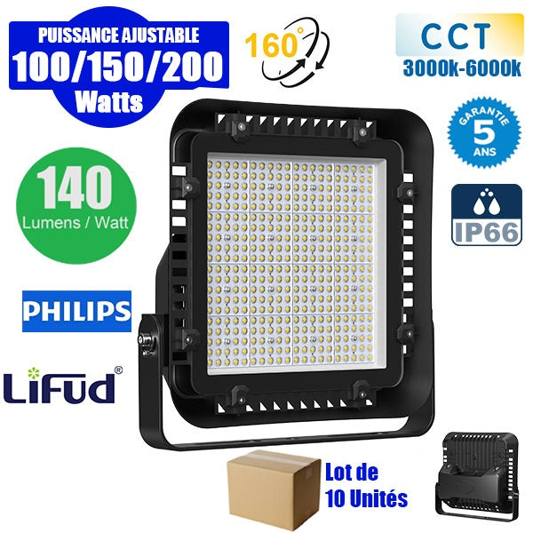 Lot de 10x Projecteurs LED filaires - Série ALIZE P1 - Puissance ajustable 100W / 150W / 200W - 140 Lumens/Watt - Angle 160° - IP66 - 31,4 x 31,4 x 10 cm - Modèle 9 en 1 – CCT 3000K / 4000K / 6000K – Garantie 5 ans