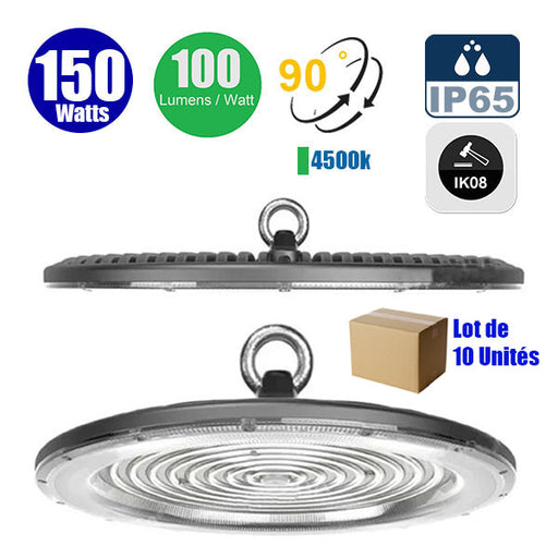 Lot de 10x Lampes industrielles Driverless - UFO - Série DIAMANT V2 - 150 Watts - 15 000 Lumens - 100 Lumens/Watt - Angle 90° - IP65 - 260 x 34 cm - 4500k - Protectionà l'impact IK08 - Câble 30cm