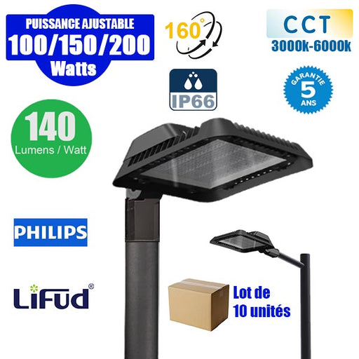 Lot de 10x Lampadaires LED filaires - Série ALIZE P3 - Puissance ajustable 100W / 150W / 200W - 140 Lumens/Watt - Angle 160° - IP66 - 26,3 x 26,3 x 16 cm - Modèle 9 en 1 – CCT 3000K / 4000K / 6000K – Adaptateur d'angle rotatif - Garantie 5 ans