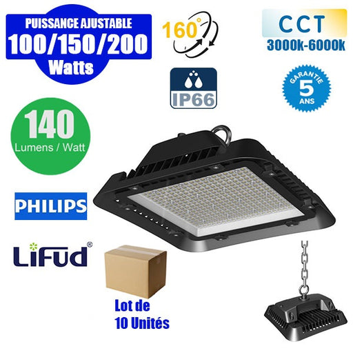 Lot de 10x Lampes industrielles UFO - Série ALIZE P4 - Puissance ajustable 100W / 150W / 200W - 140 Lumens/Watt - Angle 160° - IP66 - 26,3 x 26,3 x 16 cm - Modèle 9 en 1 – CCT 3000K / 4000K / 6000K – Garantie 5 ans