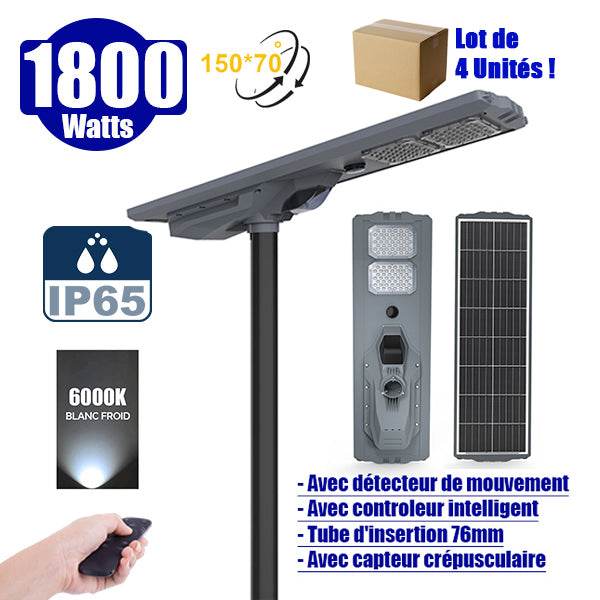 Lot de 4x Lampes de rue solaires - Série STARSHIP ULTRA 6500 - Rendu lumineux 1800 Watts - 6500 Lumens - Couleur 6000k - Angle 150x70° - IP65 - Structure aluminium - Dimensions 112 x 36 x 16 cm - Tube d'insertion 76mm - Contrôle intelligent - Capteur PIR