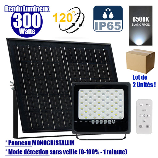 Lot de 2x Projecteurs LED solaires - Série SECURITY ULTRA - 300 Watts - 1500 Lumens - Angle 120° - IP65 - Lampe 24 x 23 x 5 cm - Panneau solaire MONOCRISTALLIN 38 x 24 x 2 cm - Télécommande - 6500k - Mode de détection sans veille (0-100% - 1 minute)