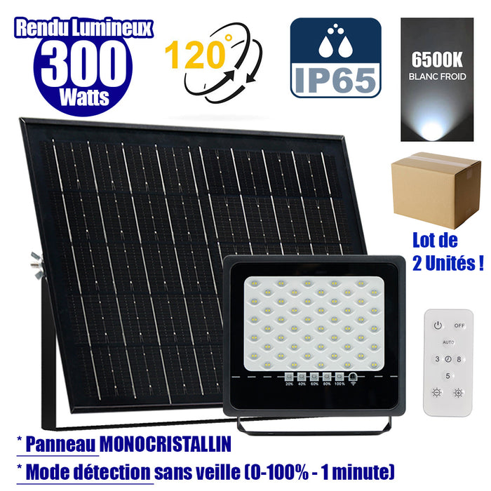 Lot de 2x Projecteurs LED solaires - Série SECURITY ULTRA - 300 Watts - 1500 Lumens - Angle 120° - IP65 - Lampe 24 x 23 x 5 cm - Panneau solaire MONOCRISTALLIN 38 x 24 x 2 cm - Télécommande - 6500k - Mode de détection sans veille (0-100% - 1 minute)