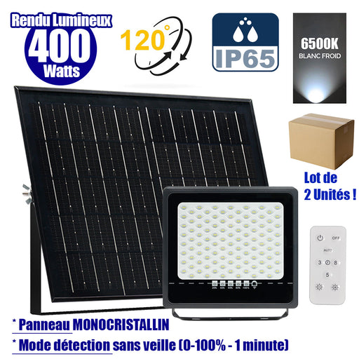 Lot de 2x Projecteurs LED solaires - Série SECURITY ULTRA - 400 Watts - 2000 Lumens - Angle 120° - IP65 - Lampe 28 x 25 x 5 cm - Panneau solaire MONOCRISTALLIN 42 x 33 x 3 cm - Télécommande - 6500k - Mode de détection sans veille (0-100% - 1 minute)