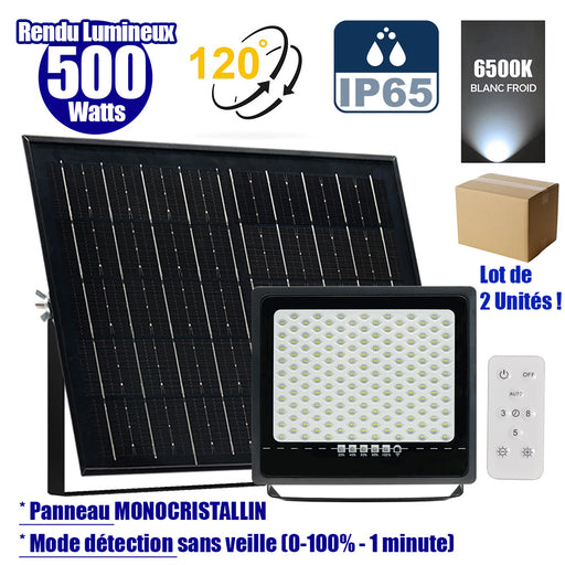 Lot de 2x Projecteurs LED solaires - Série SECURITY ULTRA - 500 Watts - 3000 Lumens - Angle 120° - IP65 - Lampe 32 x 32 x 5 cm - Panneau solaire MONOCRISTALLIN 42 x 38 x 3 cm - Télécommande - 6500k - Mode de détection sans veille (0-100% - 1 minute)