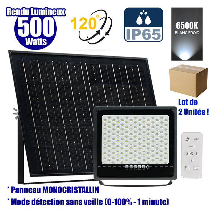 Lot de 2x Projecteurs LED solaires - Série SECURITY ULTRA - 500 Watts - 3000 Lumens - Angle 120° - IP65 - Lampe 32 x 32 x 5 cm - Panneau solaire MONOCRISTALLIN 42 x 38 x 3 cm - Télécommande - 6500k - Mode de détection sans veille (0-100% - 1 minute)